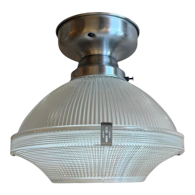 Vintage Holophane Prismatic and Ribbed Glass Flush Mount For Sale
