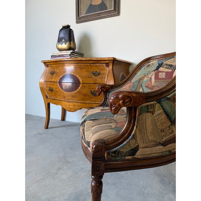 Vintage French Empire Style Carved Ram’s Head Arm Club Chair With Book Motif Upholstery For Sale - Image 12 of 12