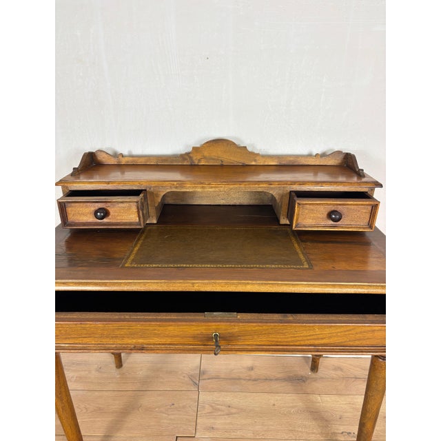 English Oak Writing Desk with Raised Gallery and Drawers, 1930s For Sale - Image 12 of 15