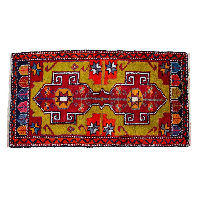 Front of Kitchen Sink Rug, Hand Made Bath Mat Colorful Turkish Rug - 1′12″ × 3′8″ For Sale - Image 4 of 14