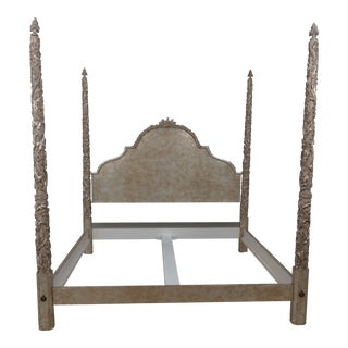 Decorator King Size Silver Leaf Finish Carved Post Poster Bed For Sale