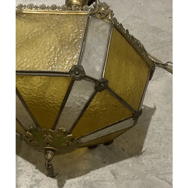 Mid 20th Century Vintage Amber & Frosted Glass Hanging Fixture Pendant Light For Sale - Image 5 of 8