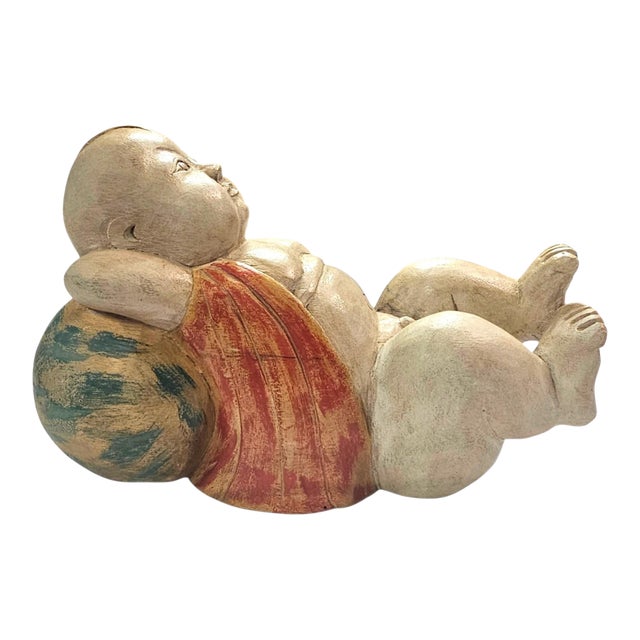 Vintage Chinese Hand-Carved Lucky Baby Sculpture on Melon 10.25" For Sale