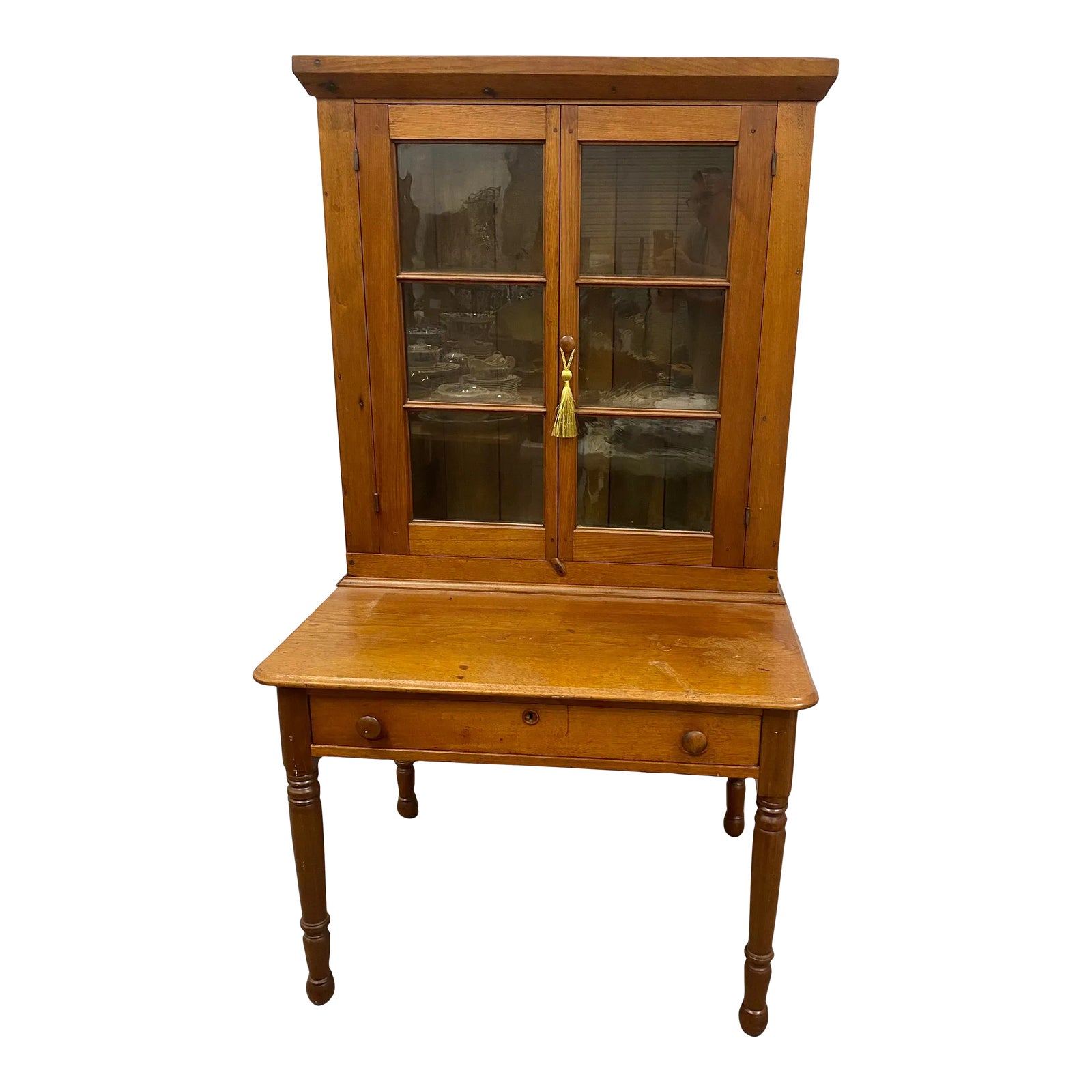 Antique Oak American Bookcase Secretary Desk With Glass Doors Circa
