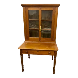 Antique Oak American Bookcase Secretary Desk With Glass Doors - Circa Early 19th Century