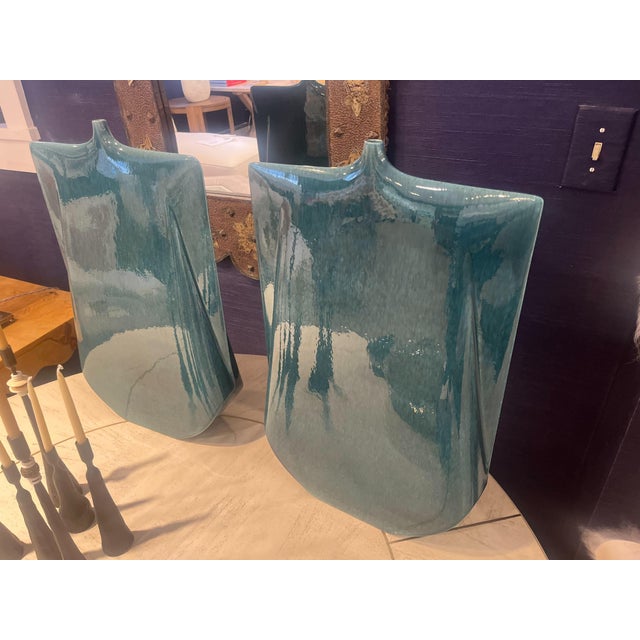 Pair of Global Views Tall Kimono Vase in Teal