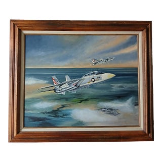 Late 20th Century Len Musk Noted Aviation Artist F-14 Tomcat in Flight Oil on Board Painting For Sale