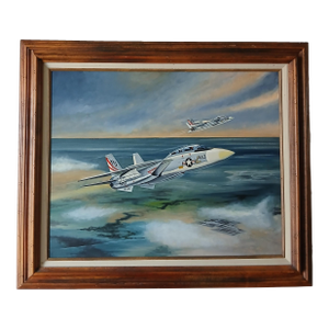 Late 20th Century Len Musk Noted Aviation Artist F-14 Tomcat in Flight Oil on Board Painting