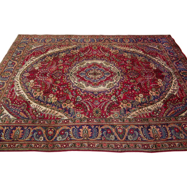 1960s 1960s Vintage Persian Tabriz Handmade Medallion Red Wool Rug For Sale - Image 5 of 7