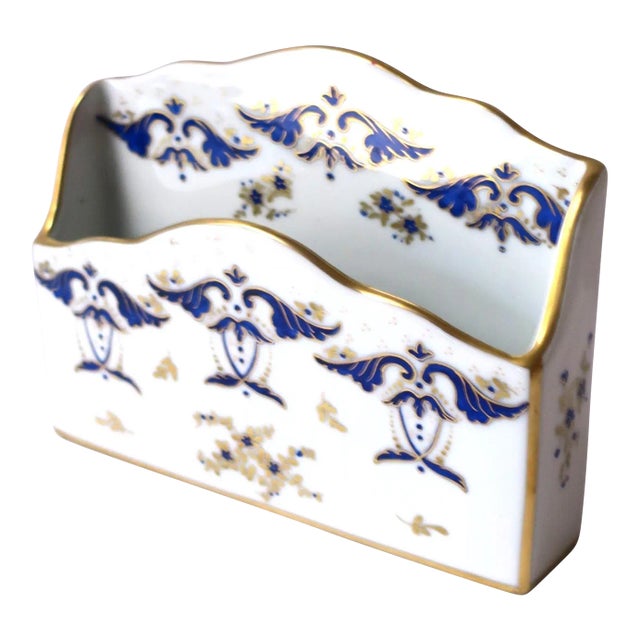 French Blue Gold and White Porcelain Desk Letter Mail Holder From Paris For Sale