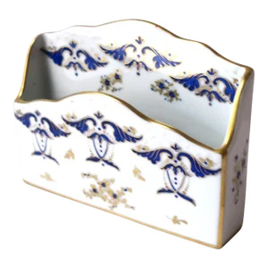 French Blue Gold and White Porcelain Desk Letter Mail Holder From Paris