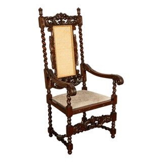 Antique French Louis XIII Carved Walnut Barley Twist Armchair Cane Cowhide 1880 For Sale