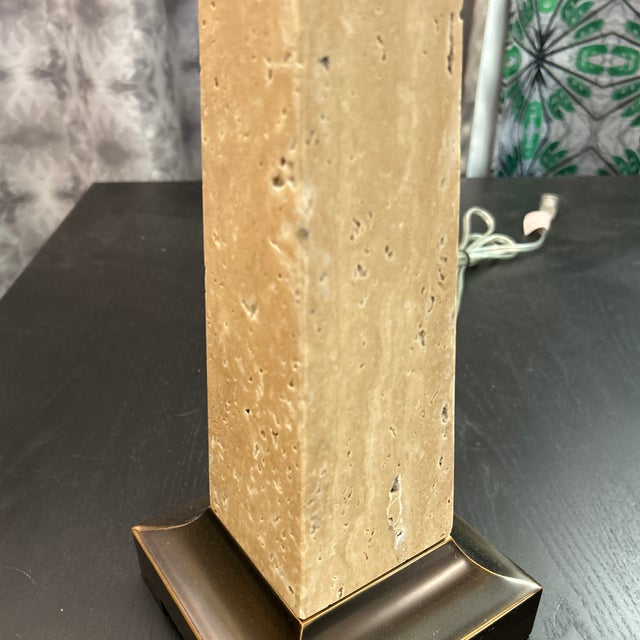 2010s Travertine and Bronze Finish Obelisk Shape Table Lamp For Sale - Image 5 of 11