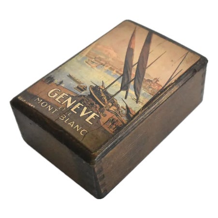 Vintage Swiss Wooden Chocolate Box Genève Et Le Mont-Blanc For Sale