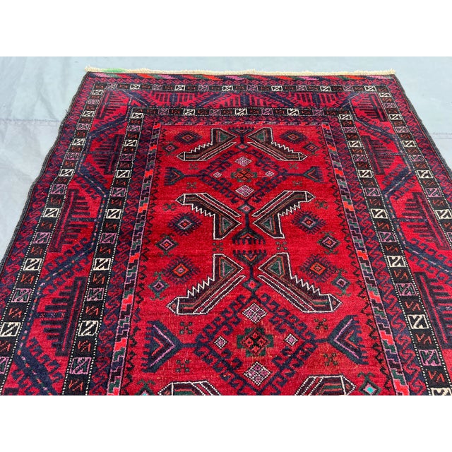 3'10" X 7'10" Vintage Afghan Hand-Knotted Baluchi Rug, Red Tribal Geometric Kitchen Rug For Sale - Image 6 of 12