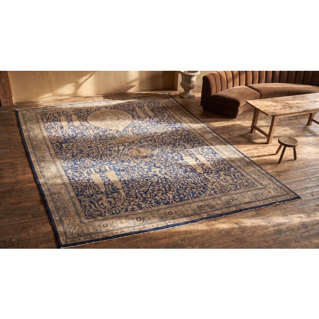 Navy Blue 1920s Blue Navy Floral Traditional Antique Indian Lahore Rug 11'8" X 26'3" Hand Knotted Wool Carpet For Sale - Image 8 of 10