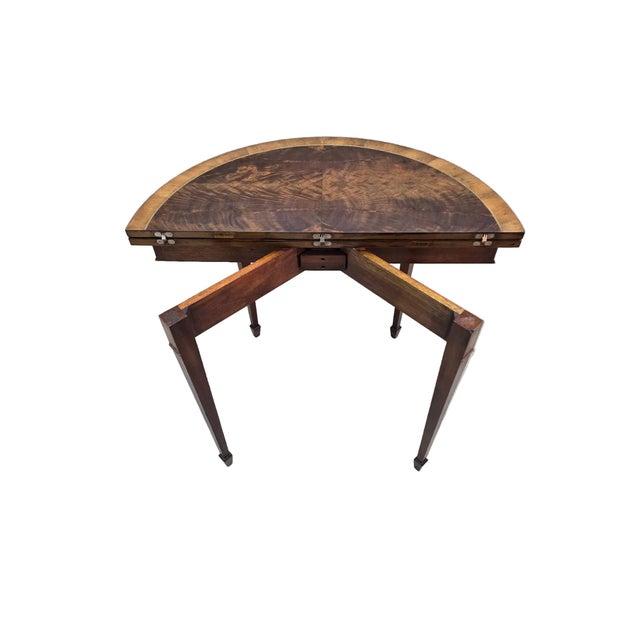 Mid 20th Century Vintage Federal Revival Style Flame Mahogany Folding Demilune Flip-Top Table For Sale - Image 5 of 14