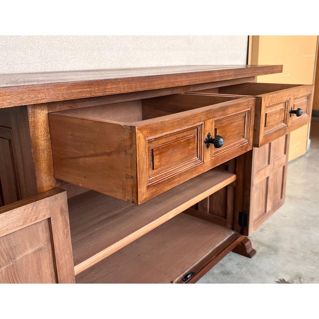 Wood 19th Century Pair of Catalan Carved Oak Tuscan Two Drawers Credenza or Buffet For Sale - Image 7 of 18