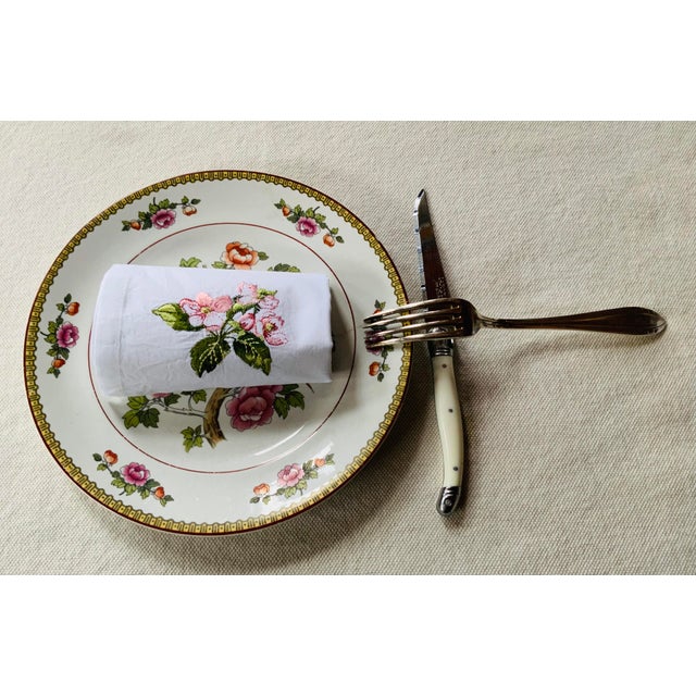 French Cherry Blossom Embroidered Cotton Percale Dinner Napkins | Paris Flea Market Find - Set of Four For Sale - Image 17 of 18