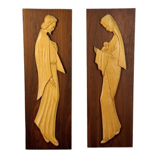 Mid-Century Religious Mary & Joseph Walnut Sculptural Wall Panels - A Pair For Sale