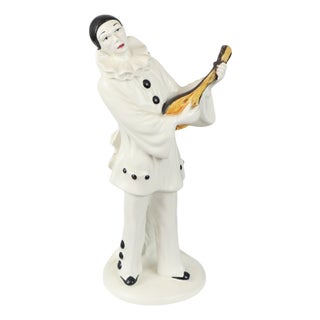 Vintage Ceramic Pierrot Statue with Lute, France, 1960s For Sale