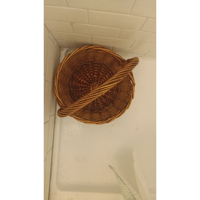 Coastal Sculptural Thick Round Basket Decor Piece - Medium Lightweight Brown With Dramatic Fixed Handle For Sale - Image 4 of 9