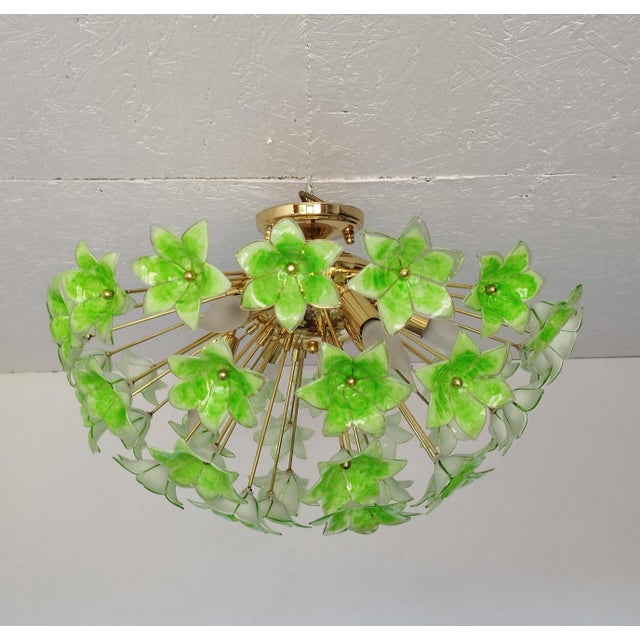 Mid-Century Modern Green Floral Sputnik Flush Mount Chandelier 1980s Glass Flowers For Sale - Image 3 of 12