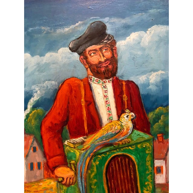 Modern Maurice KishOrgan Grinder with Parrot Modern Judaica Oil Painting WPA Jewish artist For Sale - Image 3 of 5