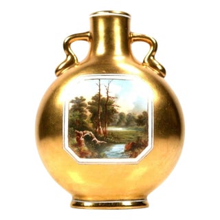 Gilt Porcelain Moon Flask Vase with Hand-Painted Landscape Reserves from Coalport, 1880 For Sale