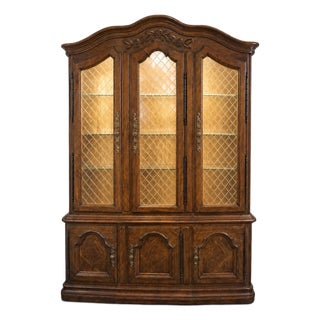 1970s Drexel Touraine II Pecan French Country Lighted China Cabinet For Sale