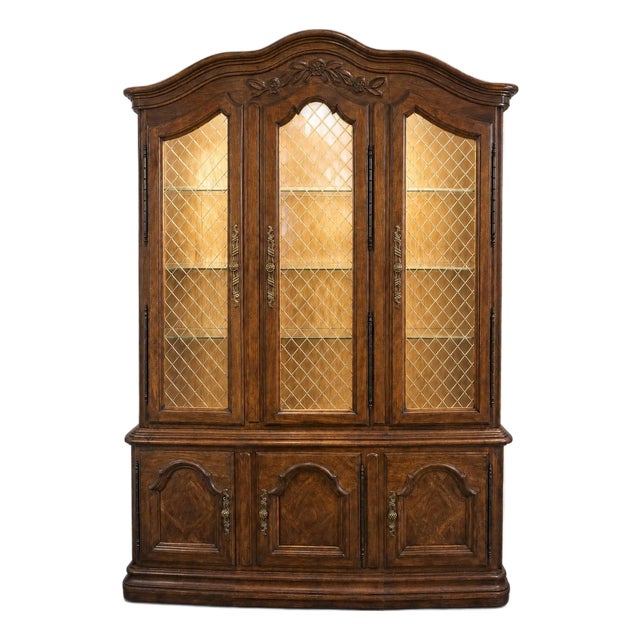 1970s Drexel Touraine II Pecan French Country Lighted China Cabinet For Sale