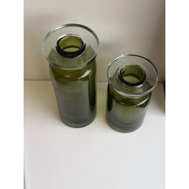 Contemporary Set of 2 - Italian Empoli-Style Olive Glass Hurricane Candle Holders – Sculptural Pair For Sale - Image 3 of 3