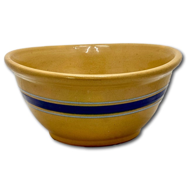 American Antique Thick Yellow Ware 12 Inch Kitchen Mixing Bowl With Unusual 2 Color Blue Banded Decoration - Late 1800s. For Sale - Image 3 of 18
