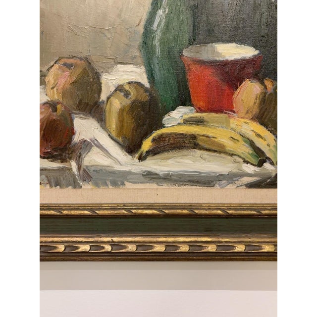 Mid-Century Modern Vintage Signed Oil Still Life With Fruit, Green Pitcher & Gilt Frame For Sale - Image 3 of 7