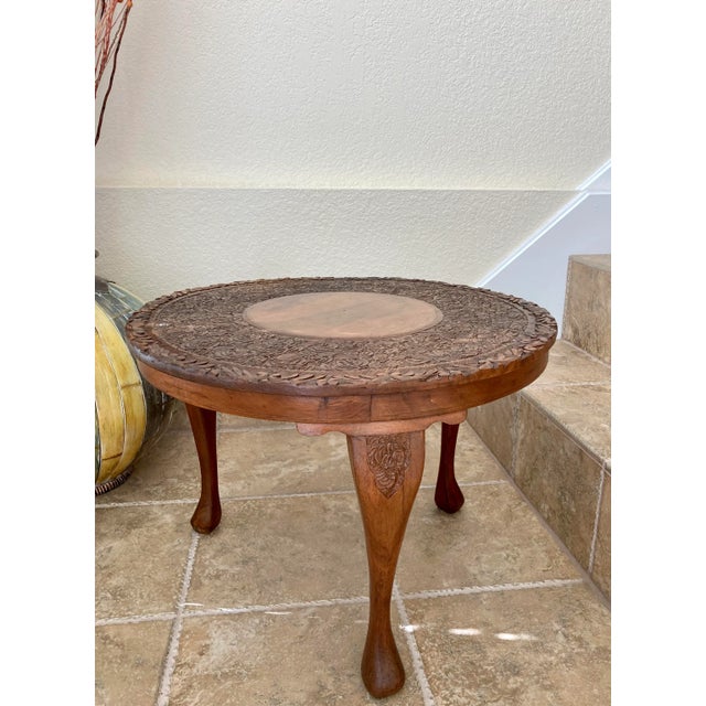 Hand Carved Mid 20th-Century Shells & Foliates Teak Accent Table For Sale - Image 4 of 13