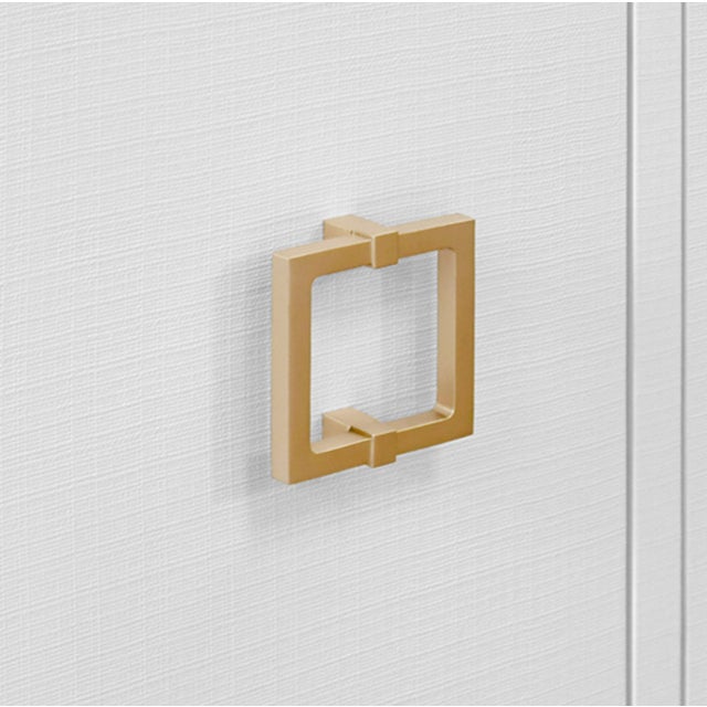 Metal Matthew Izzo Home Effie White Linen Four Door Buffet With Square Brass Handles and Glass Top For Sale - Image 7 of 9