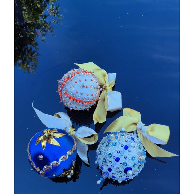 Blue Vintage Hand Made Beaded Christmas Ornaments - Set of 3 For Sale - Image 8 of 9