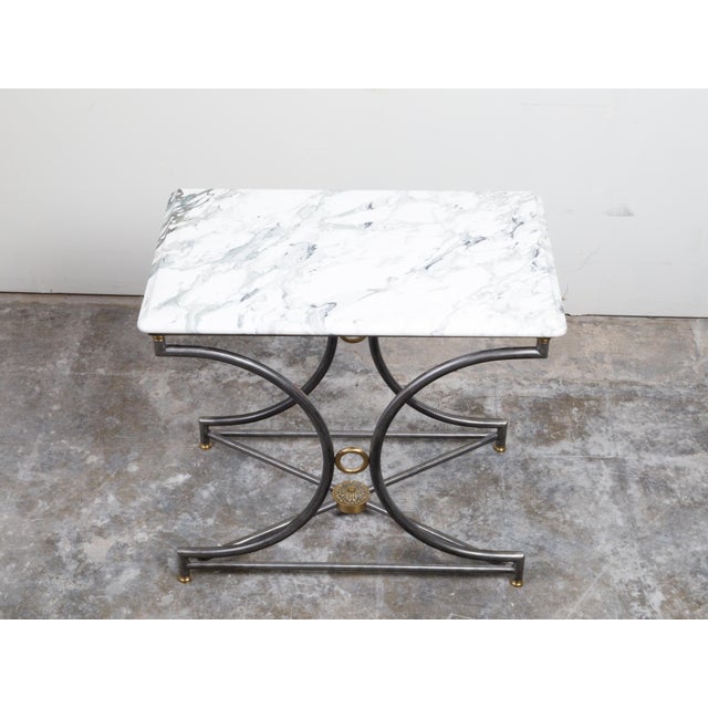 French Midcentury Steel and Bronze Console Table with White Veined Marble Top For Sale - Image 11 of 12