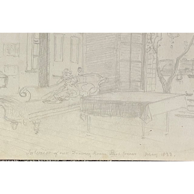 Drawing on paper of an interior with a reclaimer and piano (or piano forte), with a window looking out on to a river....