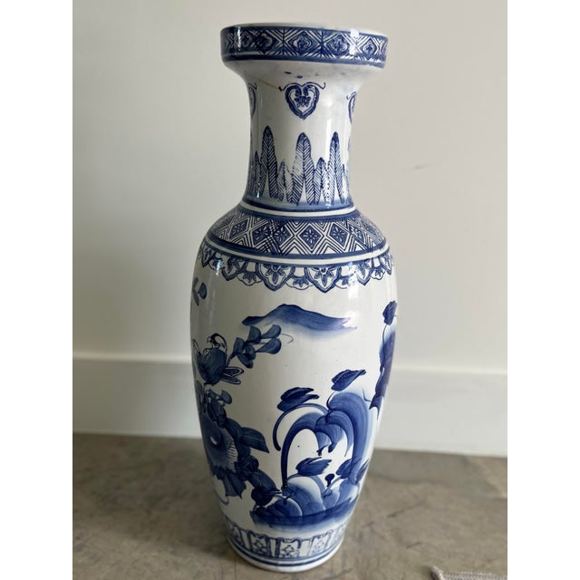 Vintage Hand-Painted Chinoiserie Floor Vase With Blue & White Floral and Avian Motif For Sale - Image 9 of 12