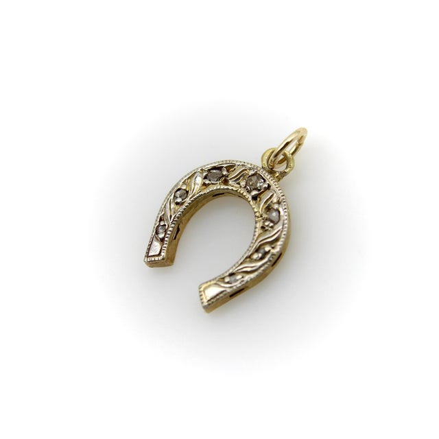 Victorian Late 19th Century Victorian 14k Gold With Silver Front Diamond Horseshoe Charm or Pendant For Sale - Image 3 of 9