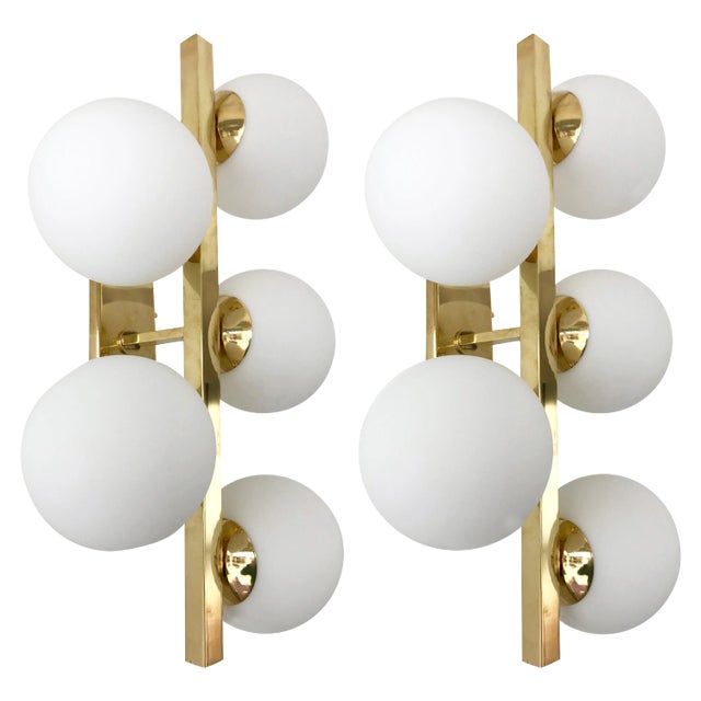 Contemporary Brass Opaline Glass Ball Sconces, Italy - a Pair For Sale
