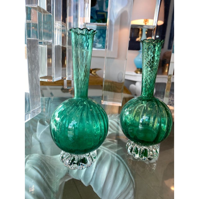 Glass Vintage Murano Emerald Glass Bud Vases -A Pair For Sale - Image 7 of 13