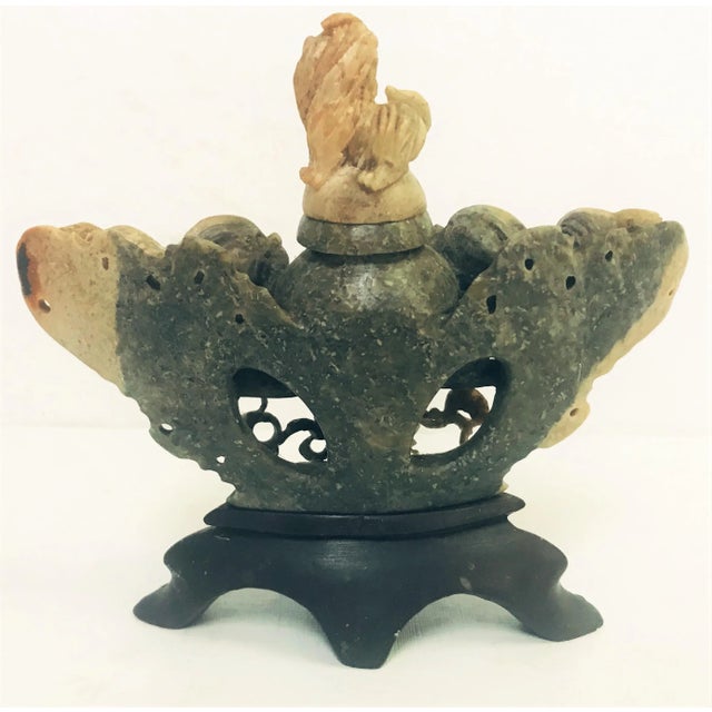 Beige Vintage Carved Chinese Soapstone Incense Burner With Three Foo Dogs For Sale - Image 8 of 13
