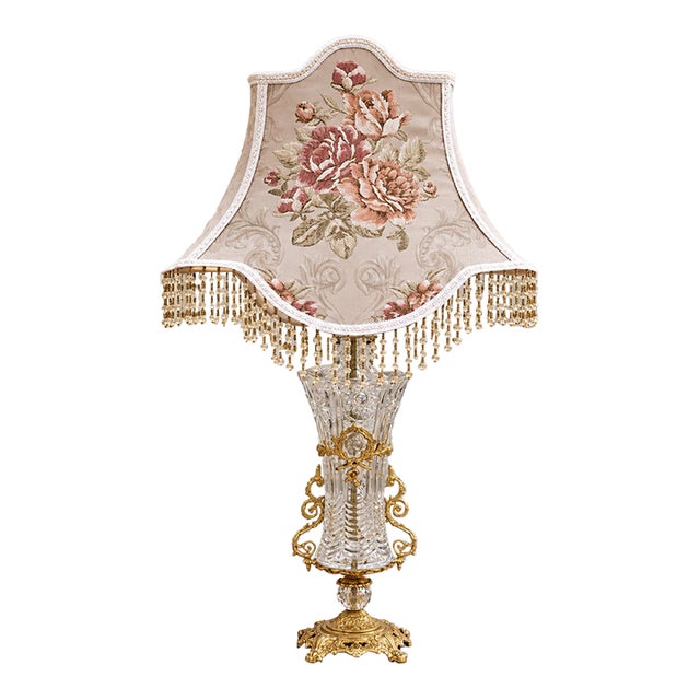 French-Style Crystal Table Lamp – Blush Pink Shade, Gilded Gold Leaf & Hanging Crystal Accents For Sale
