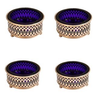 Antique Set of 4 Sterling Silver Cobalt Blue Glass Salt Cellar 1900 Footed Edwardian Victorian For Sale