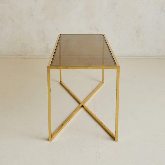French Brass X-Base Desk with Smoked Glass Top, 1970s - 2 Available For Sale - Image 13 of 18