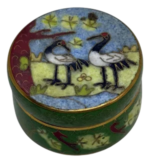 Vintage Chinese Brass Cloisonné Enamel Trinket Pill Box With 2 Black Necked Cranes Design