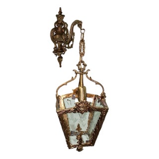 1940s Italian Rococco Style Brass Lantern Hanging Wall Sconce W/ Etched Glass Panels For Sale