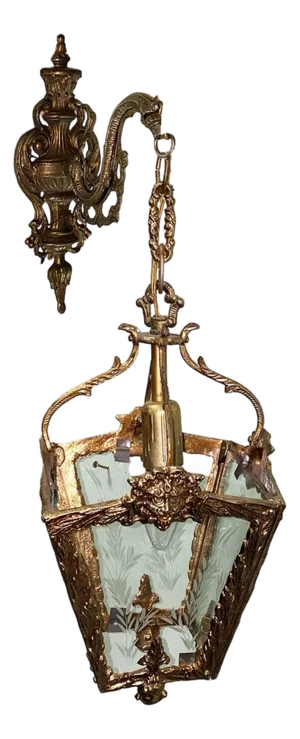 1940s Italian Rococco Style Brass Lantern Hanging Wall Sconce W/ Etched Glass Panels